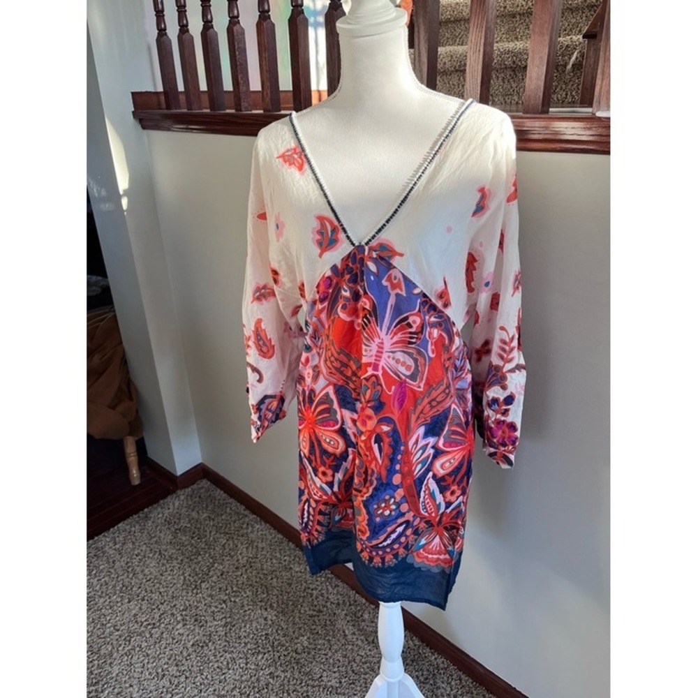 Club Z Collection Womens Boho Butterfly Floral TunicTop V-Back Tassel Red Blue M